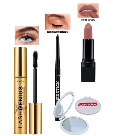 Avon Lash Genius Mascara + Black Eyeliner + Nude Suede Matte Lipstick + Lovider Pocket Mirror