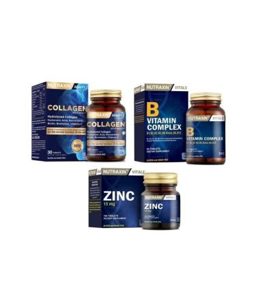 Nutraxin Zinc 15 Mg 100 Tablets + Type 1 and Type 3 Hydrolyzed Collagen Containing 30 Tablets + B Vitamin Complex 60 Tablets
