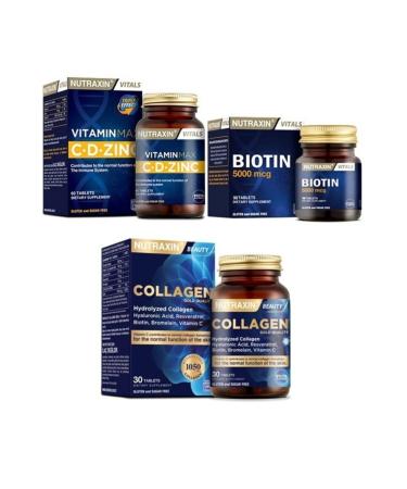 Nutraxin Biotin 5000 Mcg 30 Tablets + Vitamin Max Cd-zinc + Type 1 and Type 3 Hydrolyzed Collagen Containing 30 Tablets