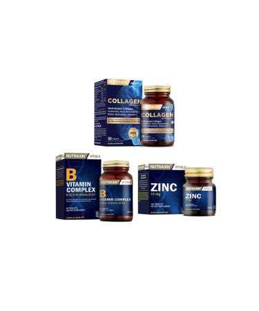 Nutraxin Collagen Supplement 30 Tablets + B Vitamin Complex 60 Tablets + (zinc) Zinc Supplement 15 Mg 100 Tablets
