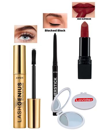 Avon Lash Genius Mascara + Black Eyeliner + Red Supreme Matte Lipstick + Lovider Pocket Mirror
