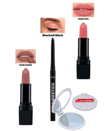 Avon Nude Suede Matte Lipstick + Black Eyeliner + Pure Pink Matte Lipstick + Lovider Pocket Mirror