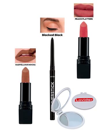 Avon Marvellous Mocha Matte Lipstick + Black Eyeliner + Peach Flatters Matte Lipstick + Lovider Pocket Mirror