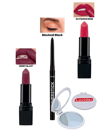 Avon Berry Blast Matte Lipstick + Black Eyeliner + Ravishing Rose Matte Lipstick + Lovider Pocket Mirror