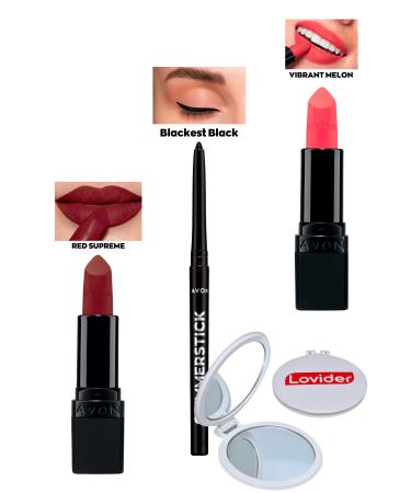 Avon Red Supreme Matte Lipstick + Black Eyeliner + Vibrant Melon Matte Lipstick + Lovider Pocket Mirror