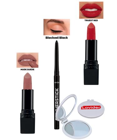 Avon Nude Suede Matte Lipstick + Black Eyeliner + Truest Red Matte Lipstick + Lovider Pocket Mirror