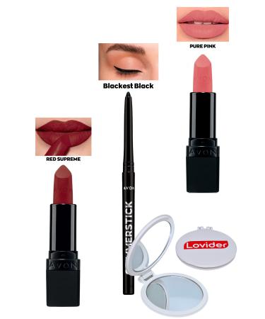 Avon Red Supreme Matte Lipstick + Black Eyeliner + Pure Pink Matte Lipstick + Lovider Pocket Mirror