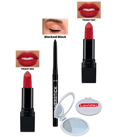 Avon Truest Red Matte Lipstick x 2 Pieces + Black Eyeliner + Lovider Pocket Mirror