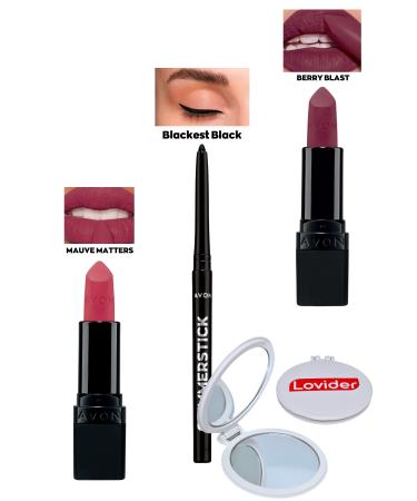 Avon Mauve Matters Matte Lipstick + Black Eyeliner + Berry Blast Matte Lipstick + Lovider Pocket Mirror