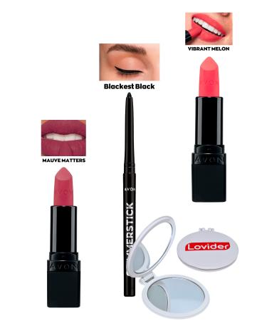 Avon Mauve Matters Matte Lipstick + Black Eyeliner + Vibrant Melon Matte Lipstick + Lovider Pocket Mirror