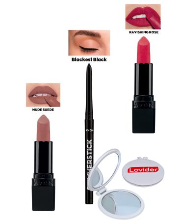 Avon Nude Suede Matte Lipstick + Black Eyeliner + Ravishing Rose Matte Lipstick + Lovider Pocket Mirror