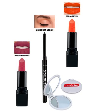 Avon Mauve Matters Matte Lipstick + Black Eyeliner + Coral Fever Matte Lipstick + Lovider Pocket Mirror