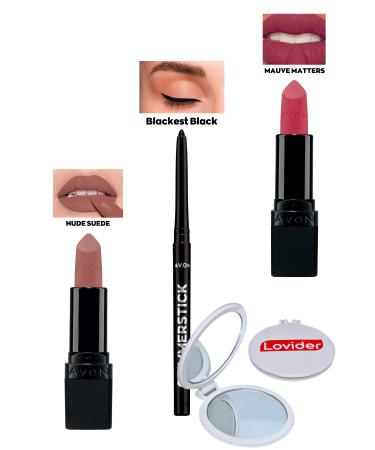 Avon Nude Suede Matte Lipstick + Black Eyeliner + Mauve Matters Matte Lipstick + Lovider Pocket Mirror