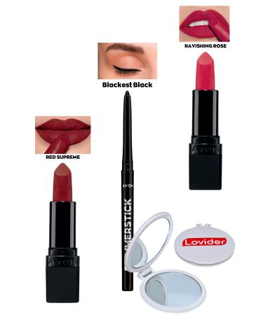 Avon Red Supreme Matte Lipstick + Black Eyeliner + Ravishing Rose Matte Lipstick + Lovider Pocket Mirror