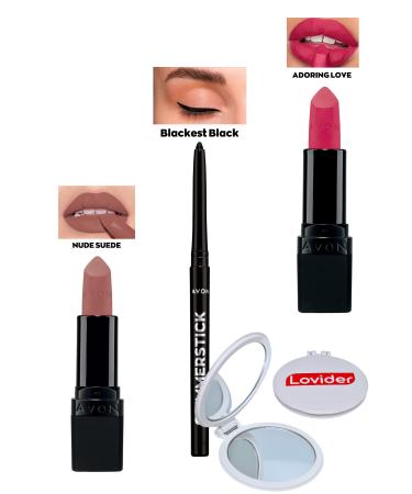 Avon Nude Suede Matte Lipstick + Black Eyeliner + Adoring Love Matte Lipstick + Lovider Pocket Mirror