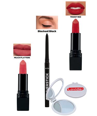 Avon Peach Flatters Matte Lipstick + Black Eyeliner + Truest Red Matte Lipstick + Lovider Pocket Mirror