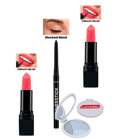Avon Vibrant Melon Matte Lipstick x 2 Pieces + Black Eyeliner + Lovider Pocket Mirror