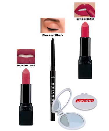 Avon Mauve Matters Matte Lipstick + Black Eyeliner + Ravishing Rose Matte Lipstick + Lovider Pocket Mirror