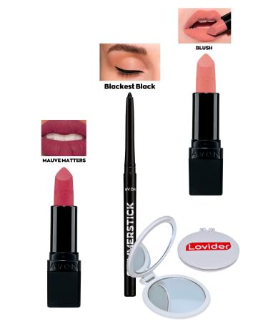 Avon Mauve Matters Matte Lipstick + Black Eyeliner + Blush Matte Lipstick + Lovider Pocket Mirror