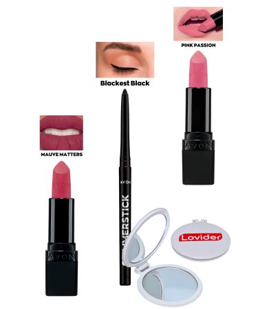 Avon Mauve Matters Matte Lipstick + Black Eyeliner + Pink Passion Matte Lipstick + Lovider Pocket Mirror