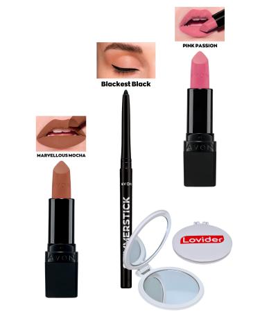 Avon Marvellous Mocha Matte Lipstick + Black Eyeliner + Pink Passion Matte Lipstick + Lovider Pocket Mirror