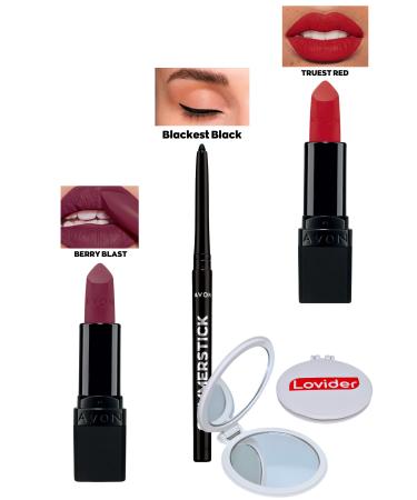 Avon Berry Blast Matte Lipstick + Black Eyeliner + Truest Red Matte Lipstick + Lovider Pocket Mirror