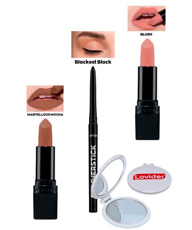 Avon Marvellous Mocha Matte Lipstick + Black Eyeliner + Blush Matte Lipstick + Lovider Pocket Mirror