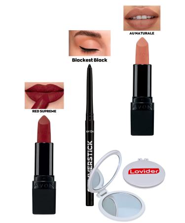 Avon Red Supreme Matte Lipstick + Black Eyeliner + Au Naturale Matte Lipstick + Lovider Pocket Mirror