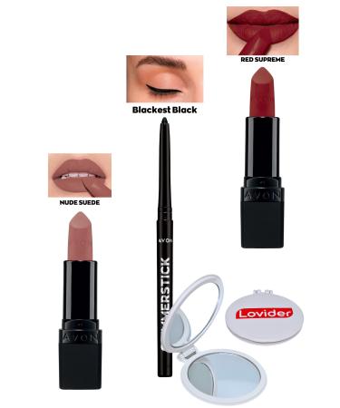 Avon Nude Suede Matte Lipstick + Black Eyeliner + Red Supreme Matte Lipstick + Lovider Pocket Mirror