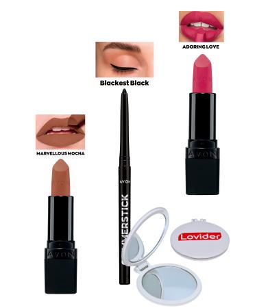 Avon Marvellous Mocha Matte Lipstick + Black Eyeliner + Adoring Love Matte Lipstick + Lovider Pocket Mirror