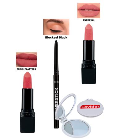 Avon Peach Flatters Matte Lipstick + Black Eyeliner + Pure Pink Matte Lipstick + Lovider Pocket Mirror