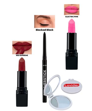 Avon Red Supreme Matte Lipstick + Black Eyeliner + Electric Pink Matte Lipstick + Lovider Pocket Mirror