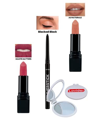 Avon Mauve Matters Matte Lipstick + Black Eyeliner + Au Naturale Matte Lipstick + Lovider Pocket Mirror