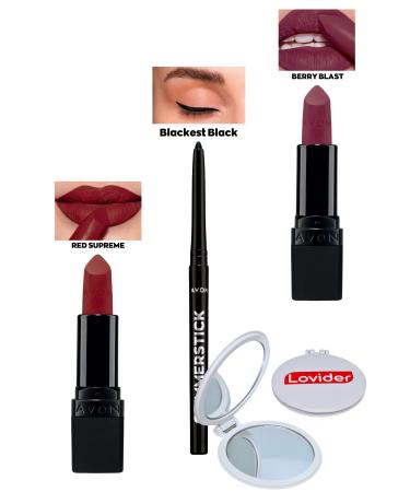 Avon Red Supreme Matte Lipstick + Black Eyeliner + Berry Blast Matte Lipstick + Lovider Pocket Mirror