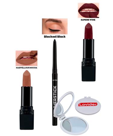 Avon Marvellous Mocha Matte Lipstick + Black Eyeliner + Superb Wine Matte Lipstick + Lovider Pocket Mirror