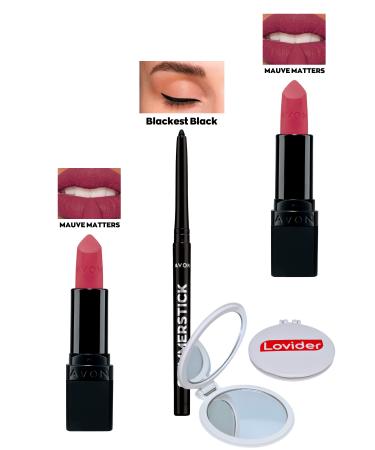 Avon Mauve Matters Matte Lipstick x 2 + Black Eyeliner + Lovider Pocket Mirror