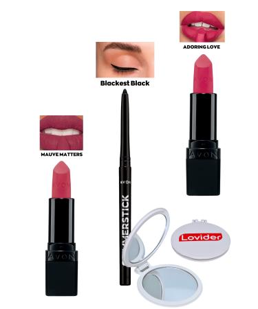 Avon Mauve Matters Matte Lipstick + Black Eyeliner + Adoring Love Matte Lipstick + Lovider Pocket Mirror