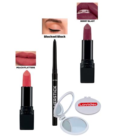 Avon Peach Flatters Matte Lipstick + Black Eyeliner + Berry Blast Matte Lipstick + Lovider Pocket Mirror