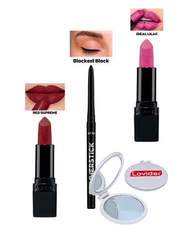 Avon Red Supreme Matte Lipstick + Black Eyeliner + Ideal Lilac Matte Lipstick + Lovider Pocket Mirror