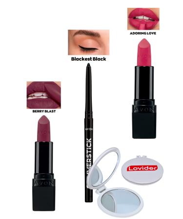 Avon Berry Blast Matte Lipstick + Black Eyeliner + Adoring Love Matte Lipstick + Lovider Pocket Mirror