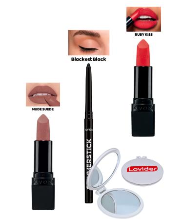 Avon Nude Suede Matte Lipstick + Black Eyeliner + Ruby Kiss Matte Lipstick + Lovider Pocket Mirror