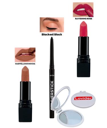 Avon Marvellous Mocha Matte Lipstick + Black Eyeliner + Ravishing Rose Matte Lipstick + Lovider Pocket Mirror