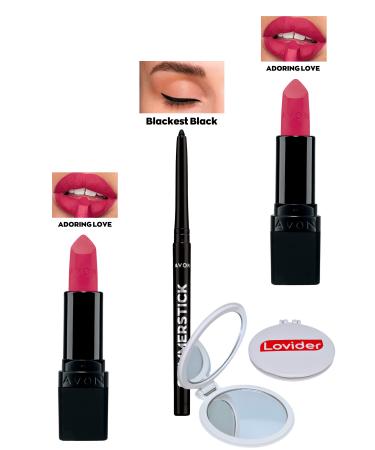 Avon Adoring Love Matte Lipstick x 2 Pieces + Black Eyeliner + Lovider Pocket Mirror