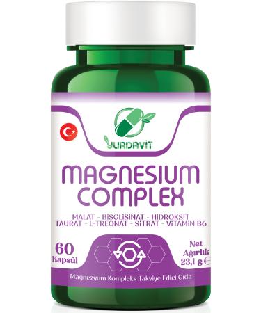 Yurdavit Magnesium Complex 60 Capsules Malate Bisglycinate Hydroxide Taurate L-Threonate Citrate B6