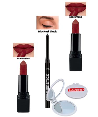 Avon Red Supreme Matte Lipstick x 2 Pieces + Black Eyeliner + Lovider Pocket Mirror