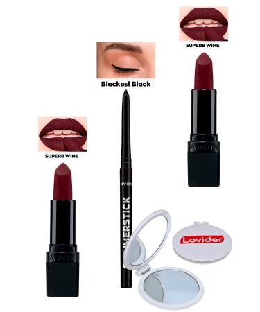Avon Superb Wine Matte Lipstick x 2 Pieces + Black Eyeliner + Lovider Pocket Mirror