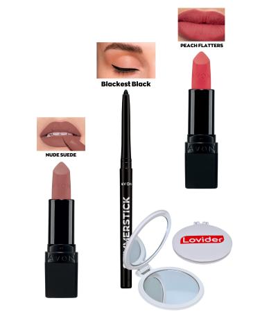 Avon Nude Suede Matte Lipstick + Black Eyeliner + Peach Flatters Matte Lipstick + Lovider Pocket Mirror