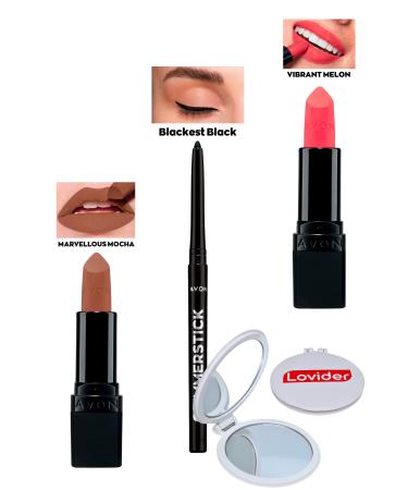 Avon Marvellous Mocha Matte Lipstick + Black Eyeliner + Vibrant Melon Matte Lipstick + Lovider Pocket Mirror