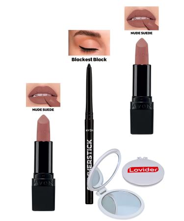 Avon Nude Suede Matte Lipstick x 2 Pieces + Black Eyeliner + Lovider Pocket Mirror