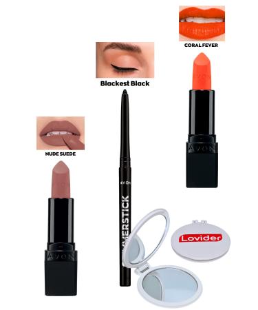 Avon Nude Suede Matte Lipstick + Black Eyeliner + Coral Fever Matte Lipstick + Lovider Pocket Mirror
